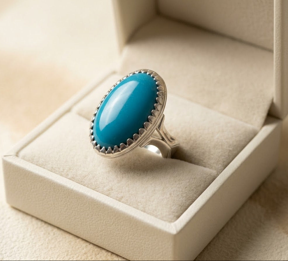 A silver ring with a large oval turquoise stone, displayed inside a cream-colored jewelry box.