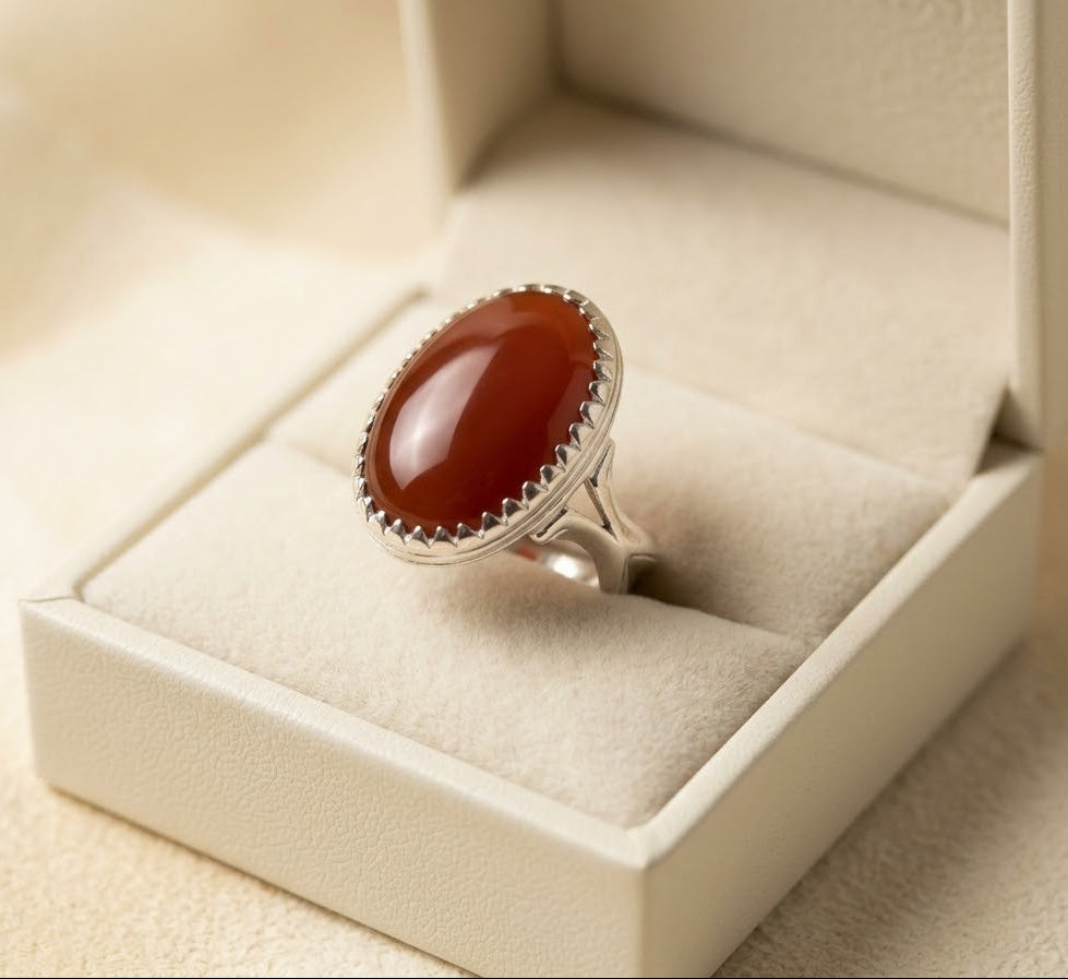 A silver ring with an oval reddish-orange cabochon gemstone, displayed inside an open cream-colored jewelry box.