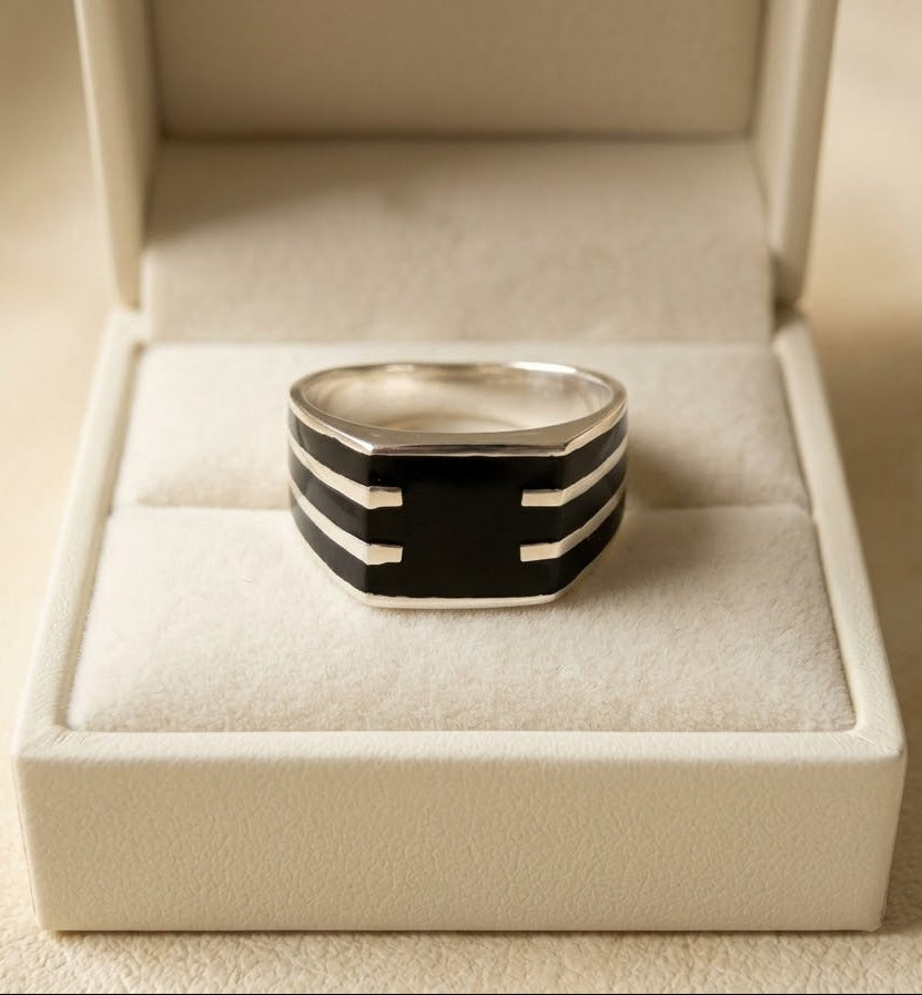 Midnight Obsidian Edge Ring for Him – 925 Sterling Silver