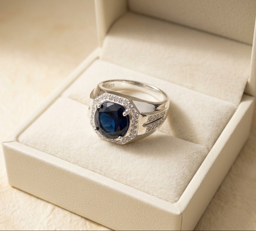 Royal Midnight Blue Sapphire Ring for Him – 925 Sterling Silver