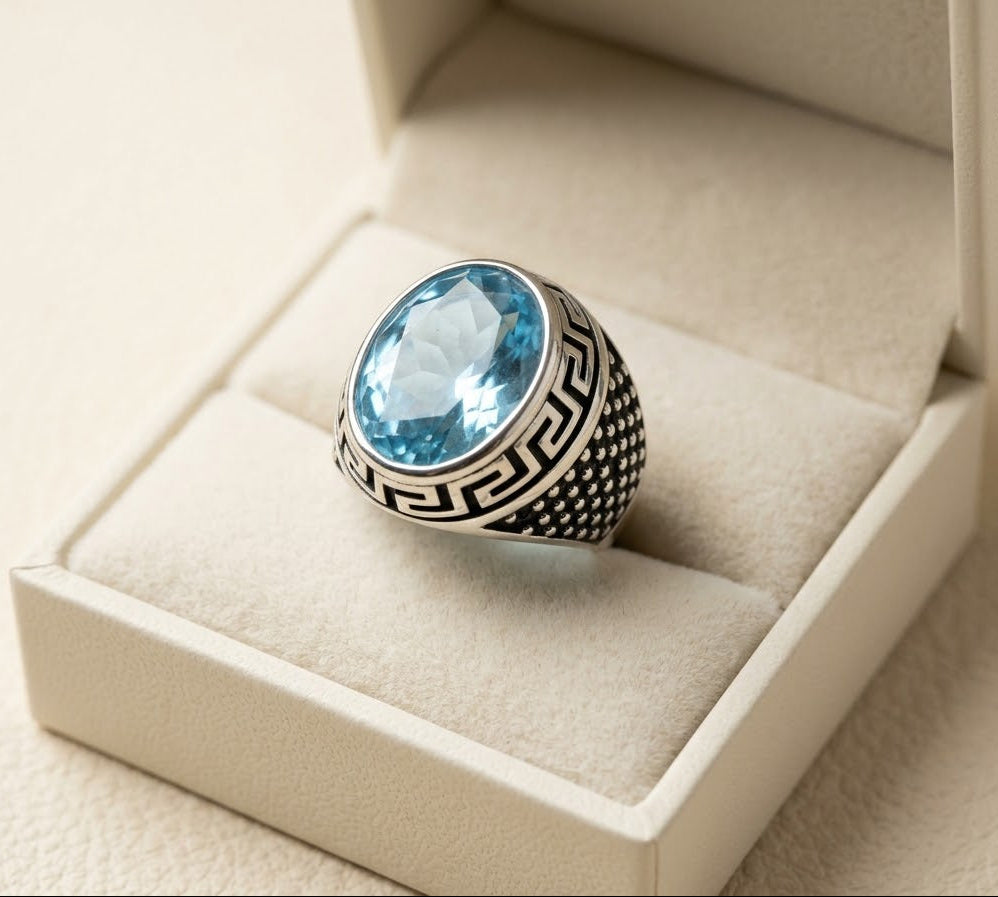 Ocean Majesty Blue Topaz Ring for Him – 925 Sterling Silver