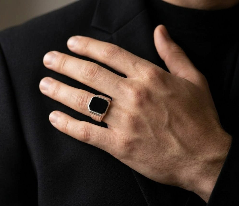 Midnight Obsidian Men’s Statement Ring – 925 Sterling Silver