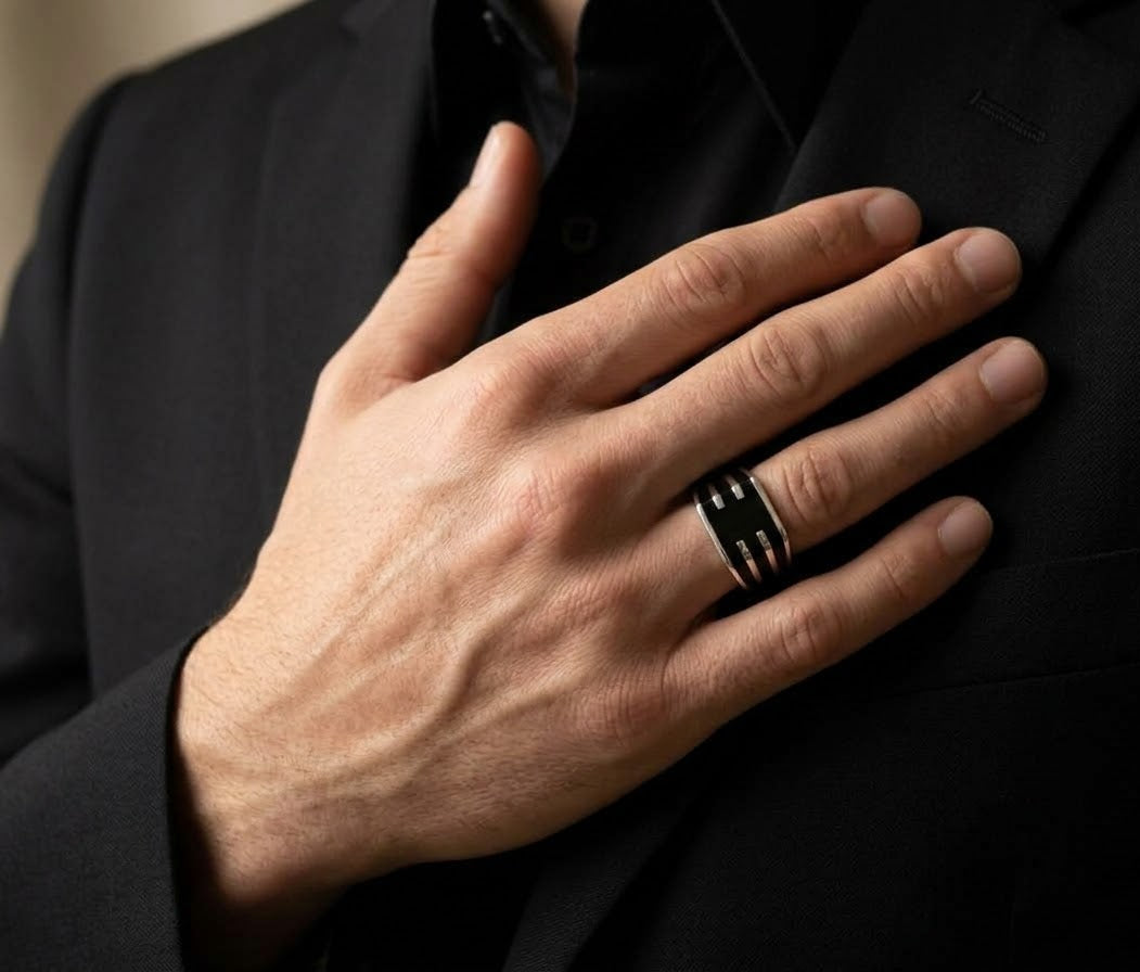 Midnight Obsidian Edge Ring for Him – 925 Sterling Silver