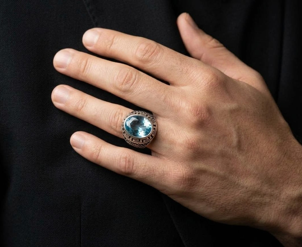 Ocean Majesty Blue Topaz Ring for Him – 925 Sterling Silver