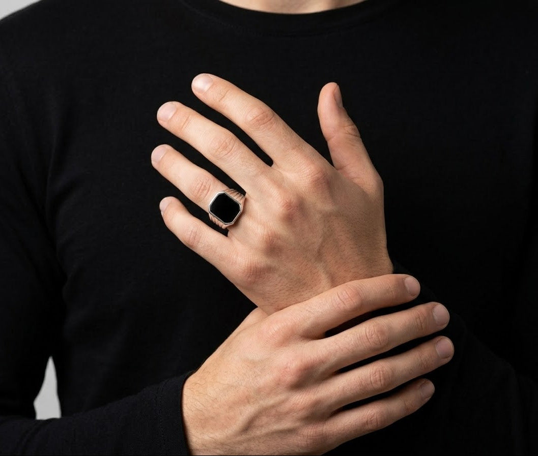 Midnight Obsidian Men’s Statement Ring – 925 Sterling Silver
