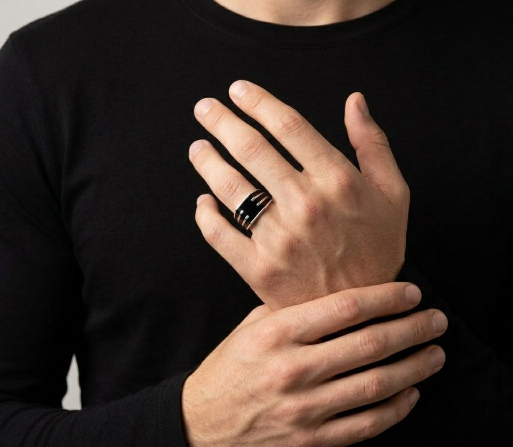 Midnight Obsidian Edge Ring for Him – 925 Sterling Silver