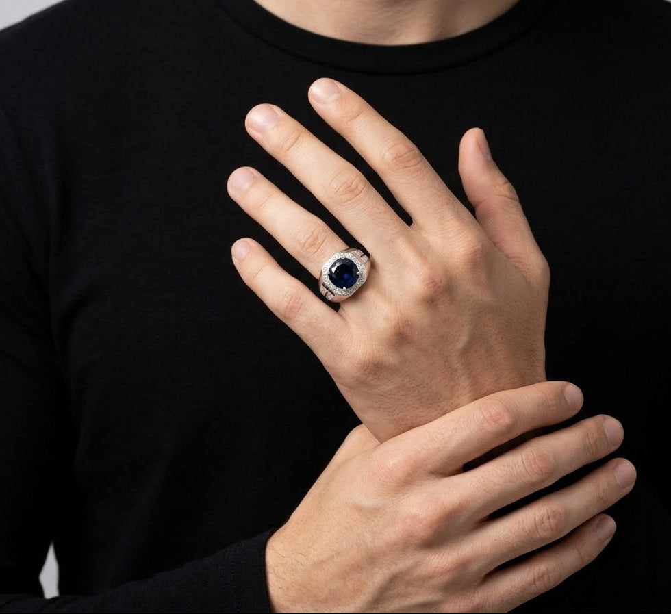 Royal Midnight Blue Sapphire Ring for Him – 925 Sterling Silver