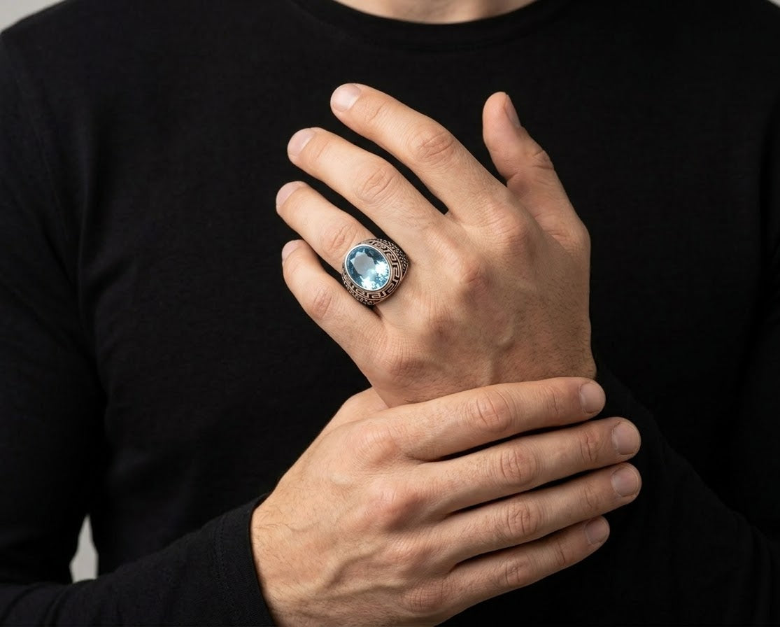 Ocean Majesty Blue Topaz Ring for Him – 925 Sterling Silver
