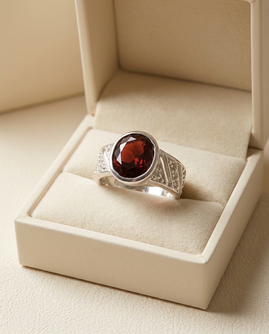 Royal Garnet Crest Men’s Ring – 925 Sterling Silver