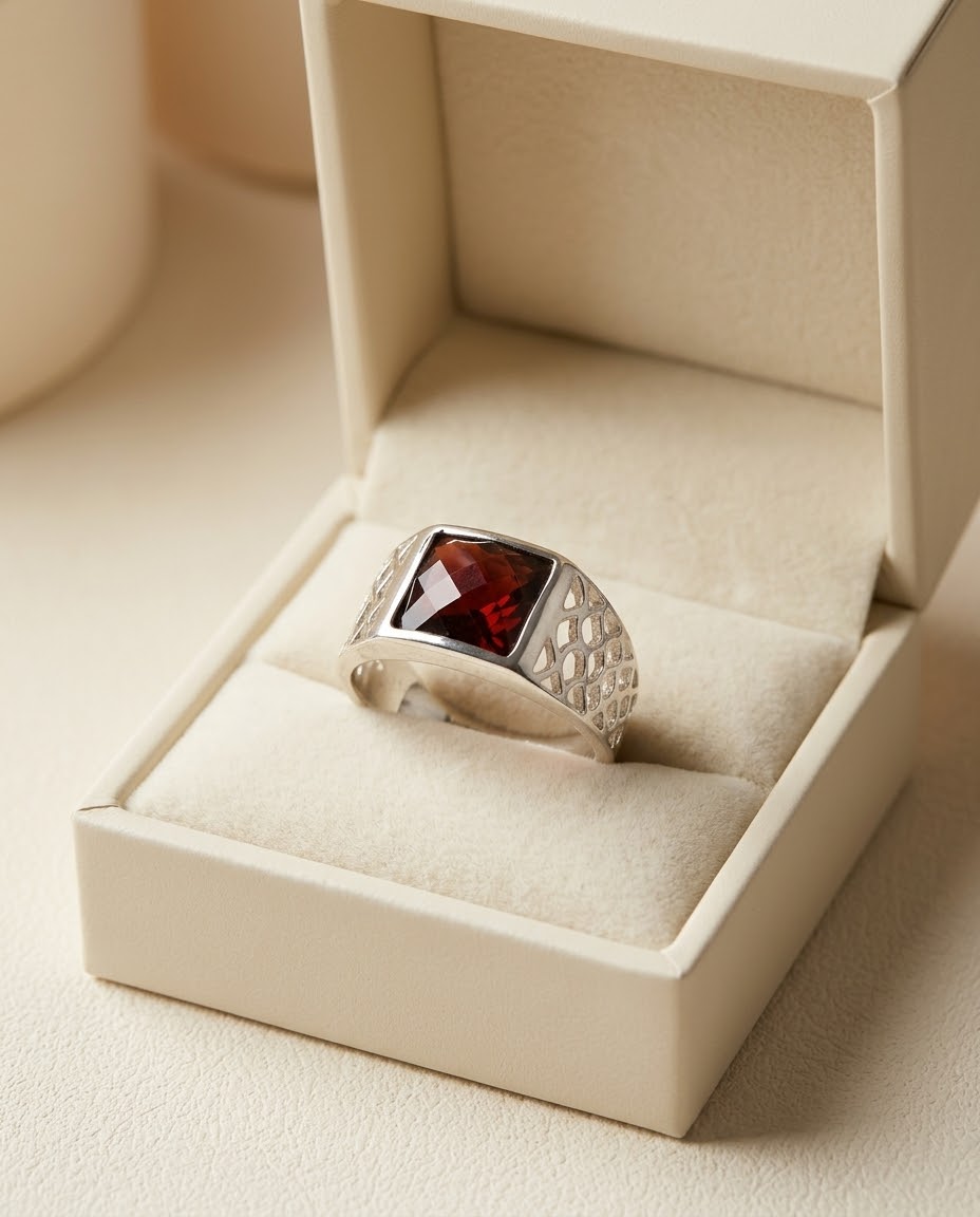 Garnet Sovereign Men’s Ring – 925 Sterling Silver