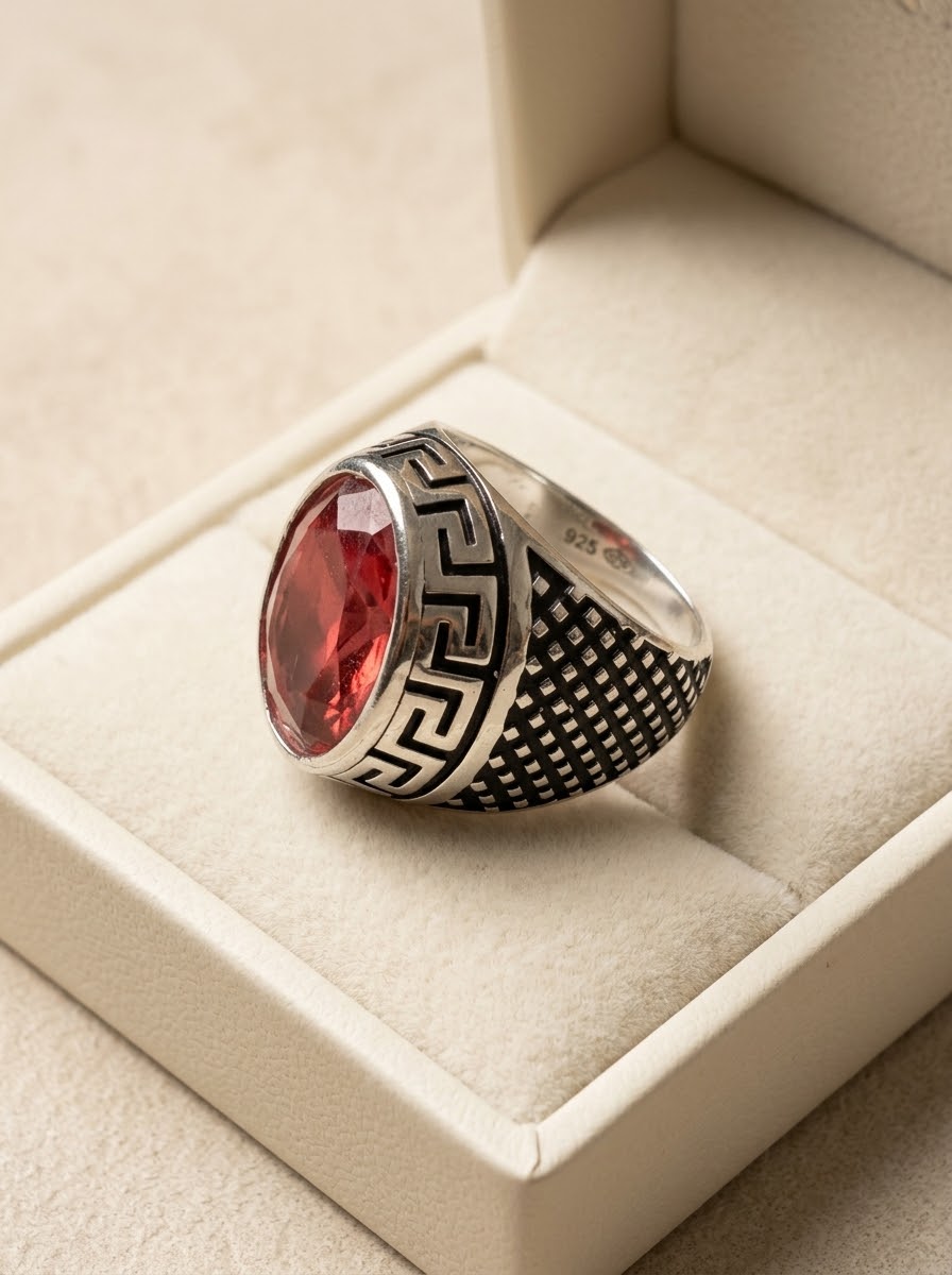Crimson Heritage Red Garnet Men’s Ring – 925 Sterling Silver