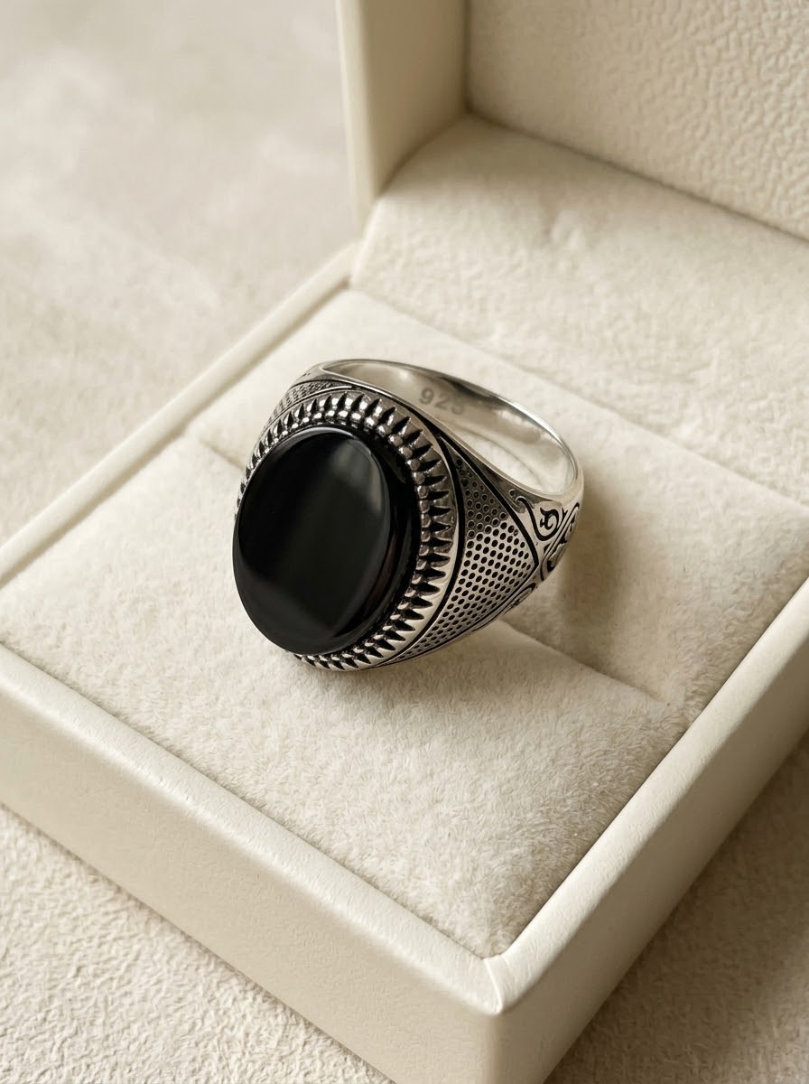 Midnight Sovereign Black Obsidian Men’s Ring – 925 Sterling Silver