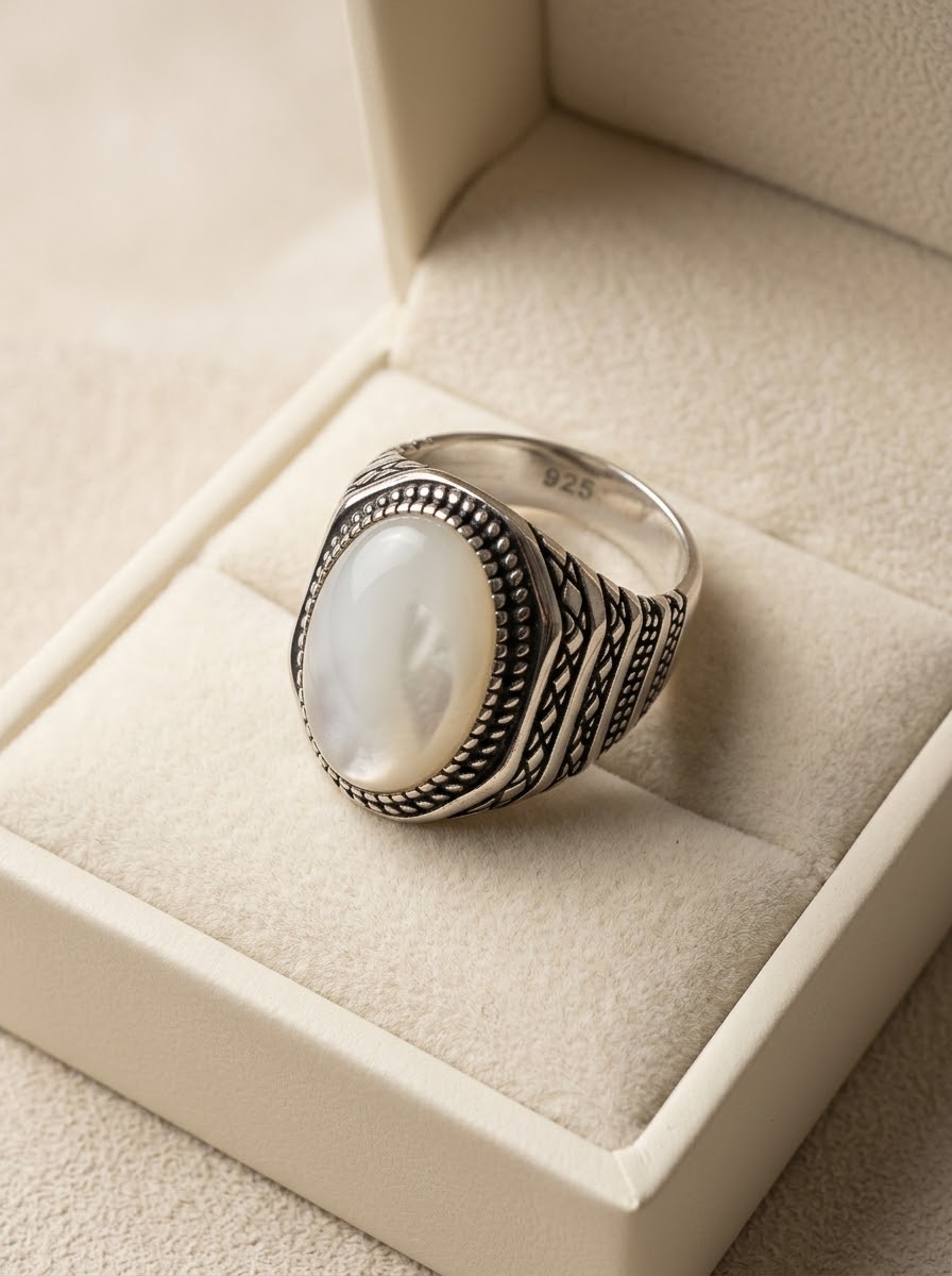 Celestial Pearl Moonstone Men’s Ring – 925 Sterling Silver