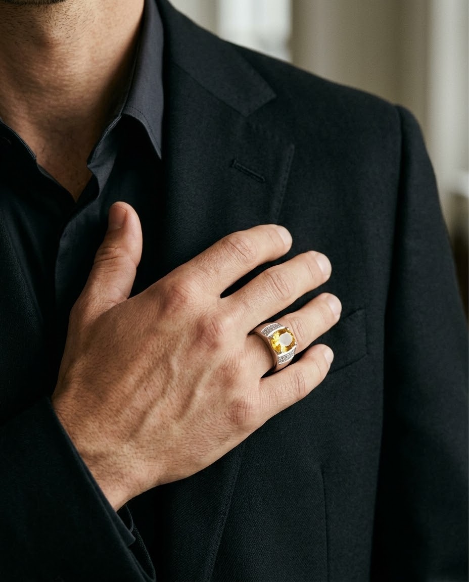 Golden Radiance Yellow Moissanite Men’s Ring – 925 Sterling Silver
