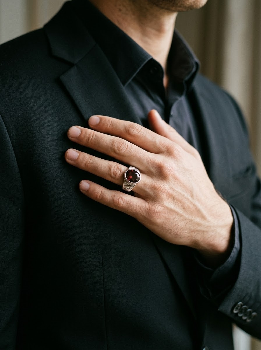 Royal Garnet Crest Men’s Ring – 925 Sterling Silver