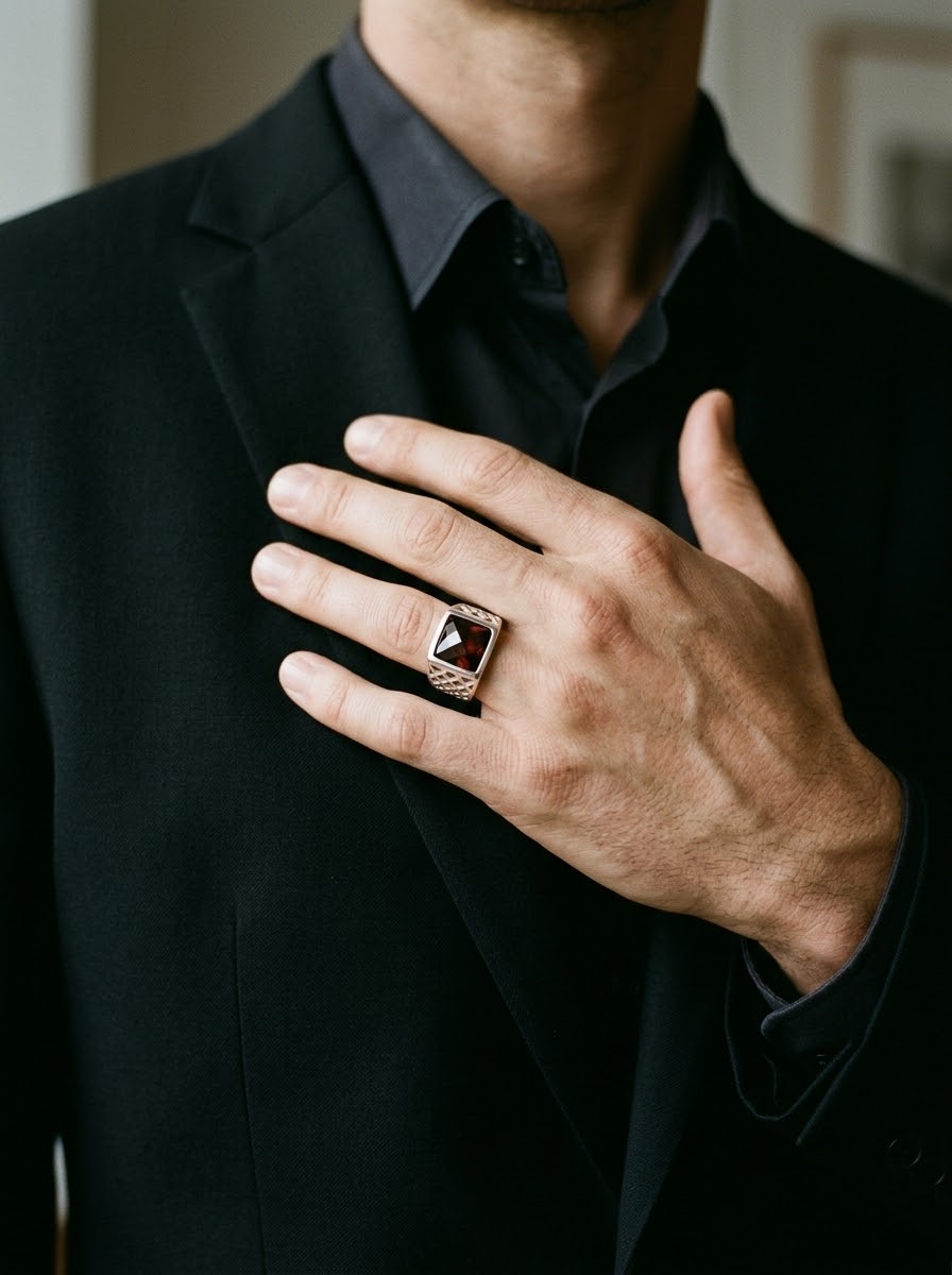 Garnet Sovereign Men’s Ring – 925 Sterling Silver