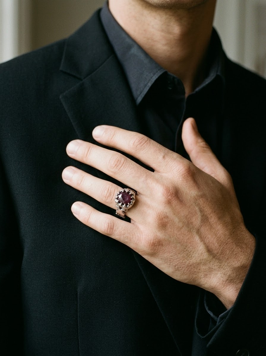 Garnet Royal Crest Men’s Ring – 925 Sterling Silver