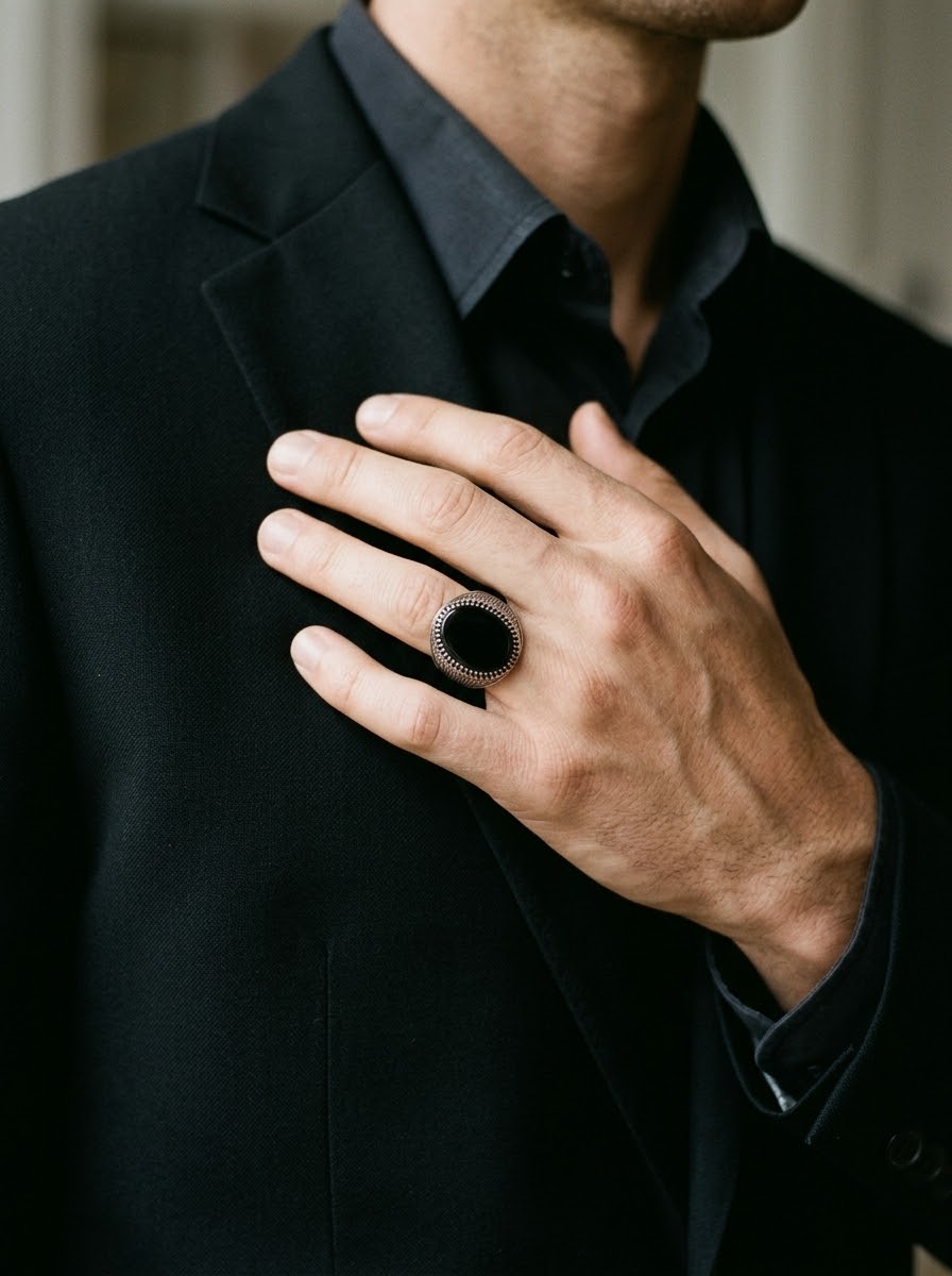 Midnight Sovereign Black Obsidian Men’s Ring – 925 Sterling Silver
