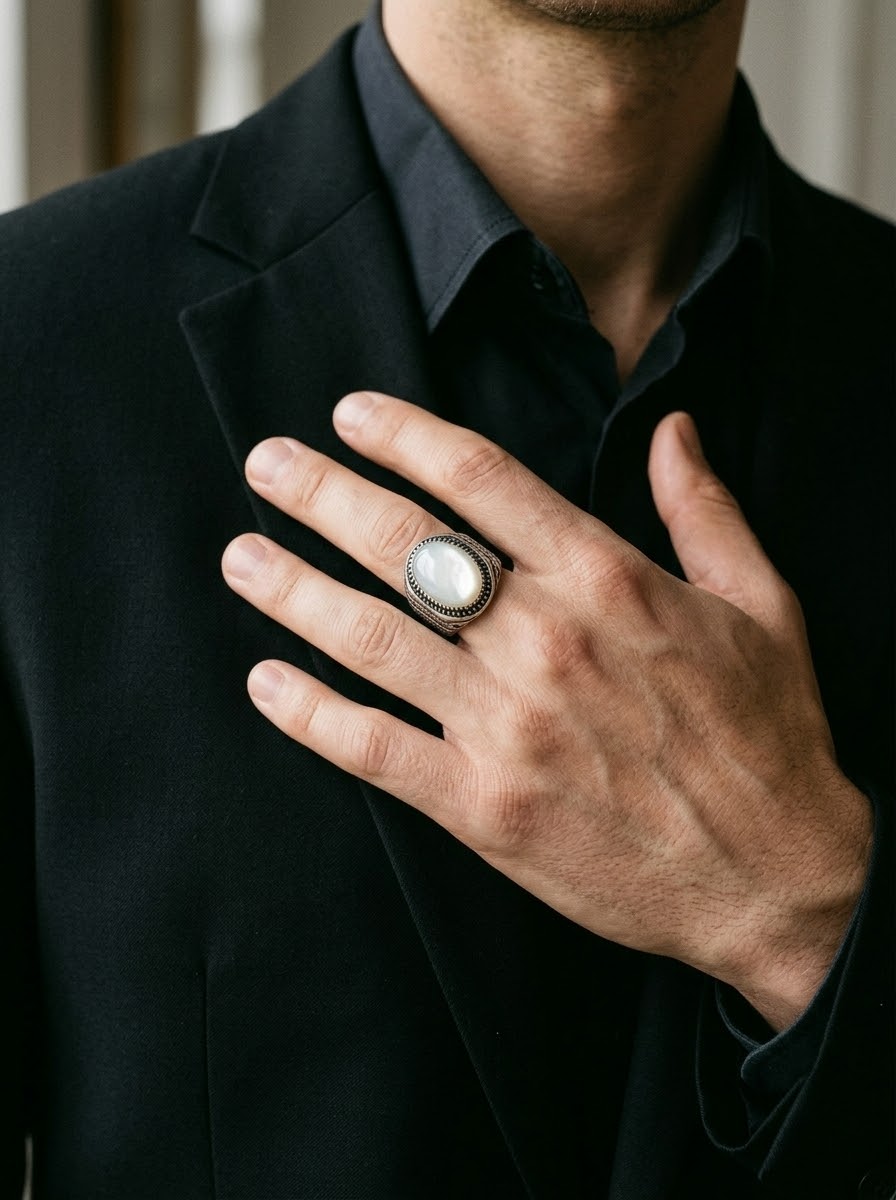 Celestial Pearl Moonstone Men’s Ring – 925 Sterling Silver