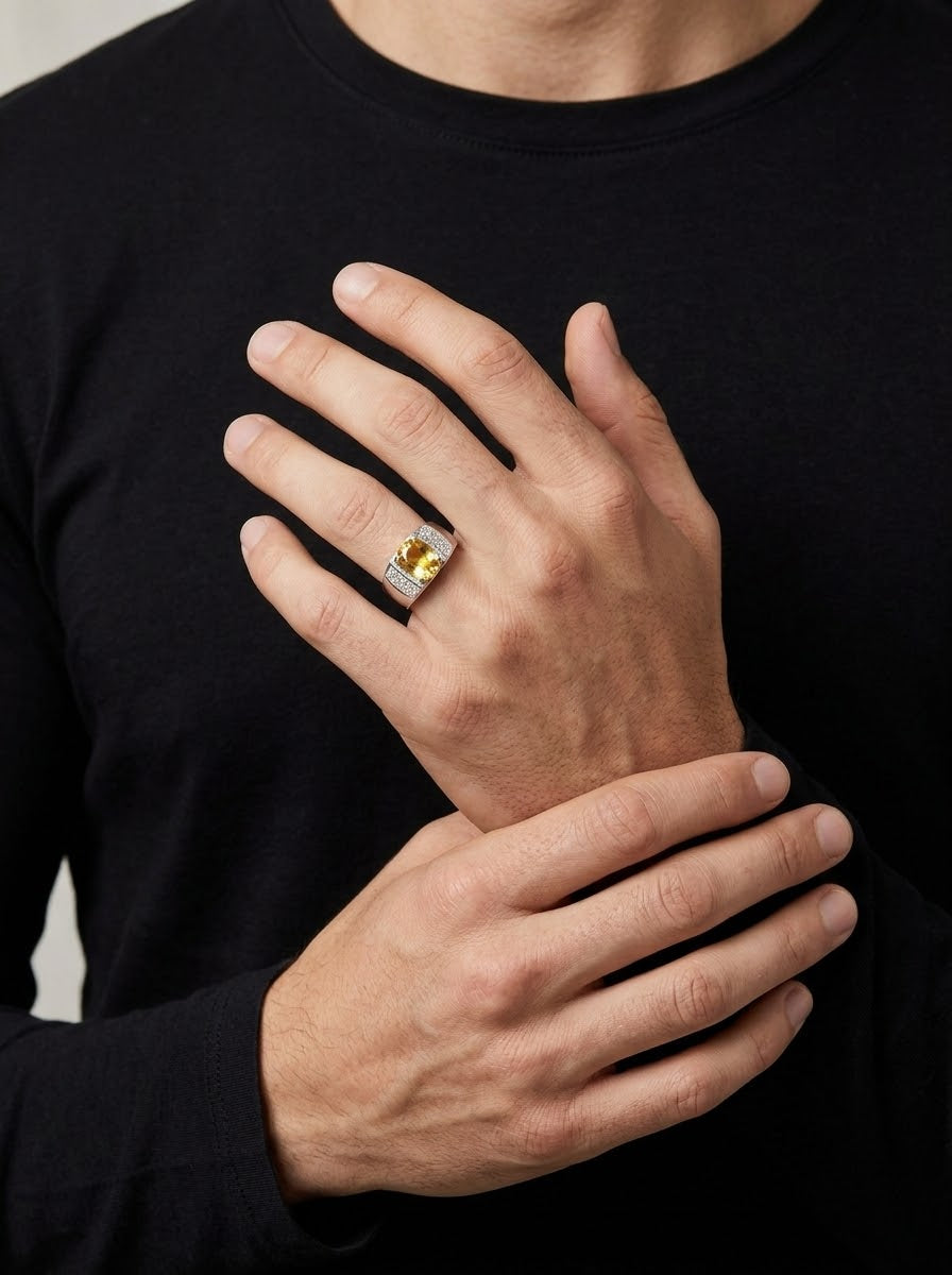 Golden Radiance Yellow Moissanite Men’s Ring – 925 Sterling Silver