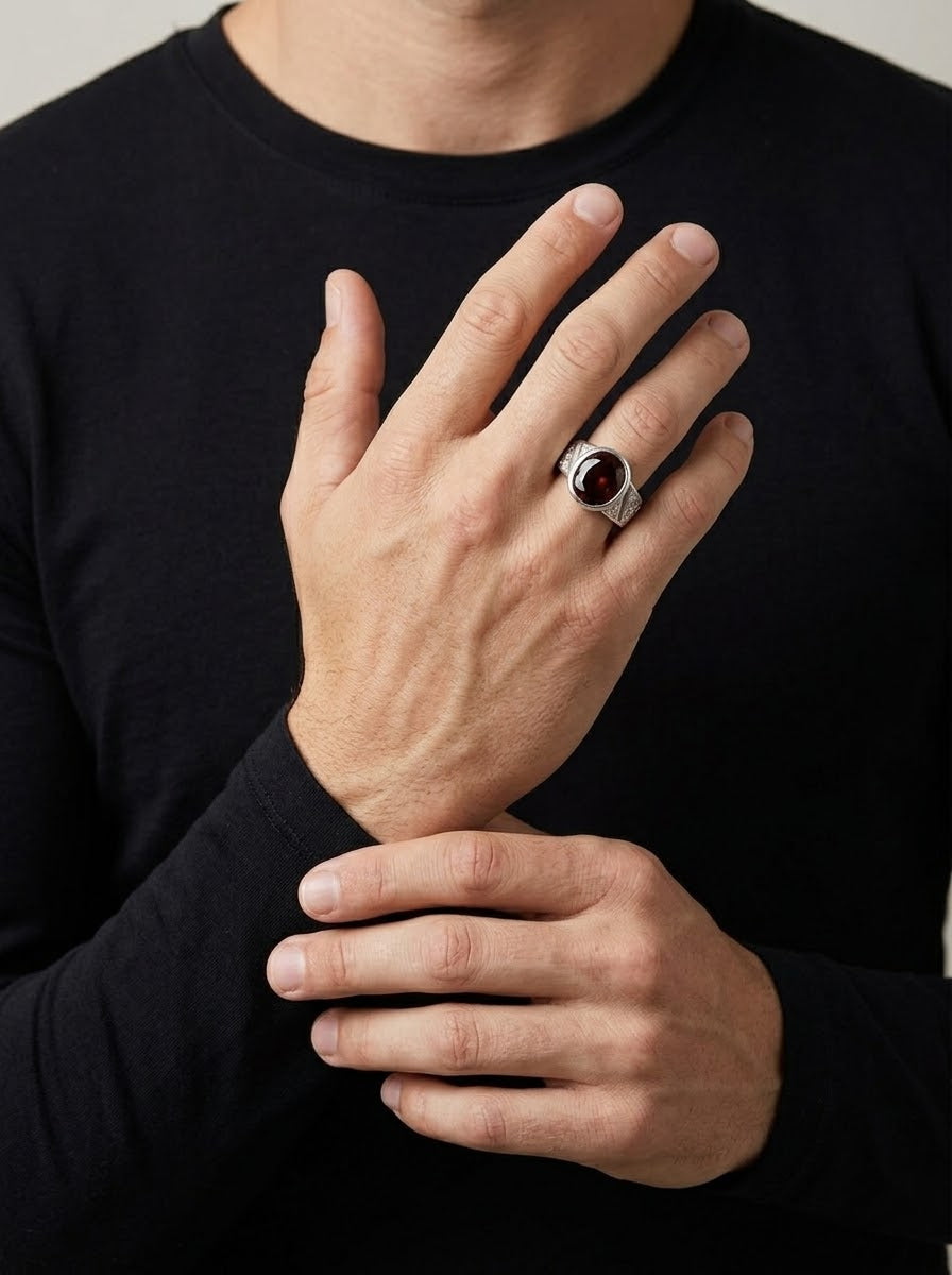 Royal Garnet Crest Men’s Ring – 925 Sterling Silver