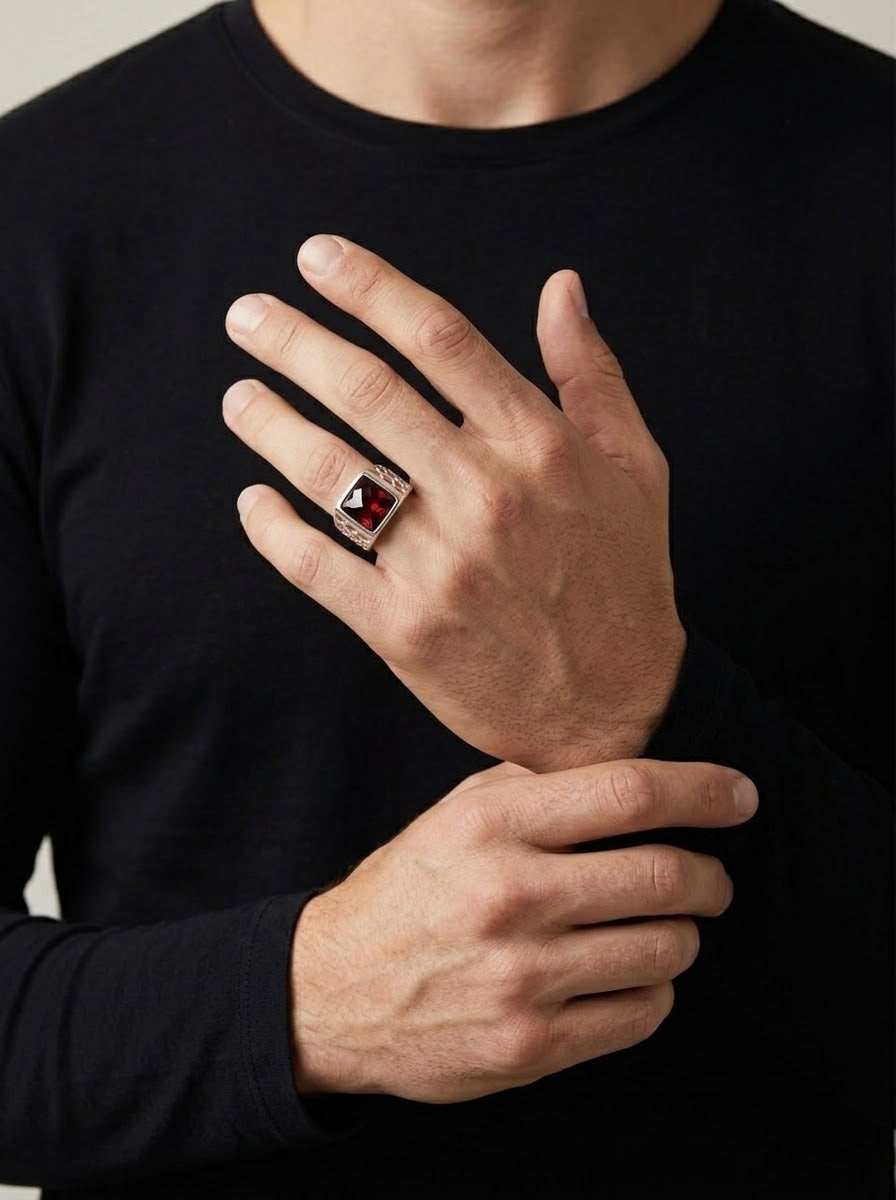 Garnet Sovereign Men’s Ring – 925 Sterling Silver