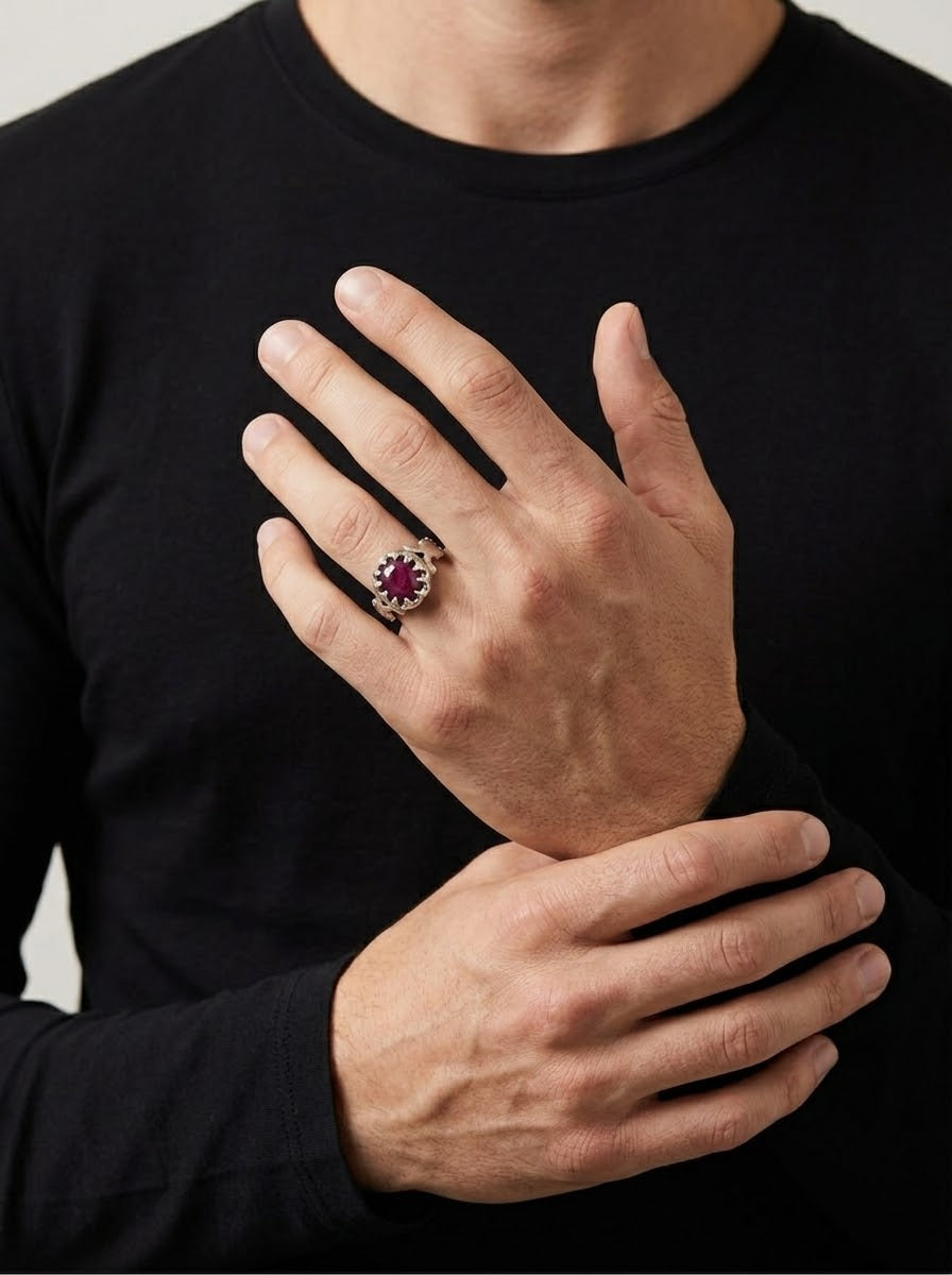 Garnet Royal Crest Men’s Ring – 925 Sterling Silver