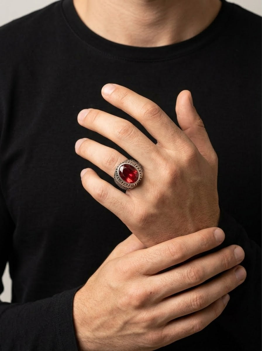 Crimson Heritage Red Garnet Men’s Ring – 925 Sterling Silver