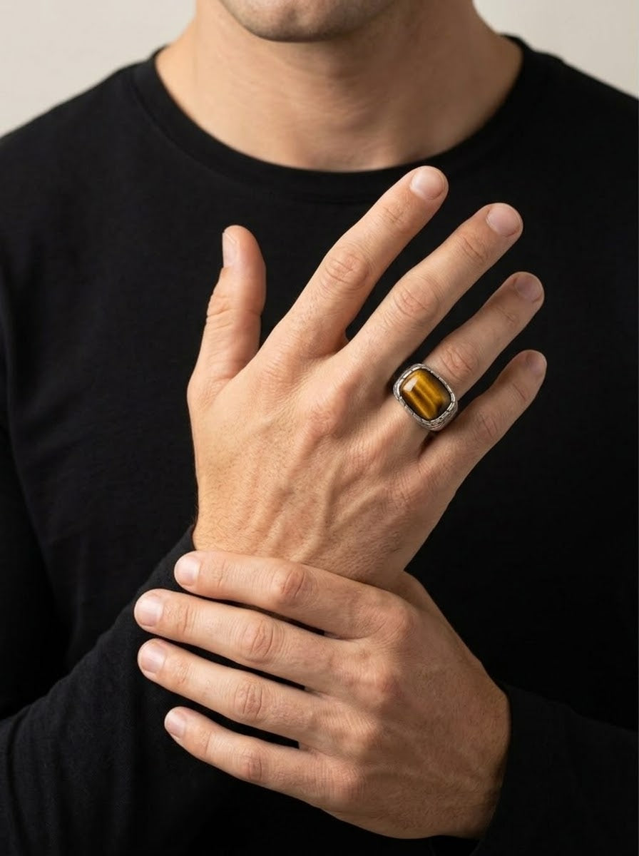 Golden Vision Tiger Eye Men’s Ring – 925 Sterling Silver