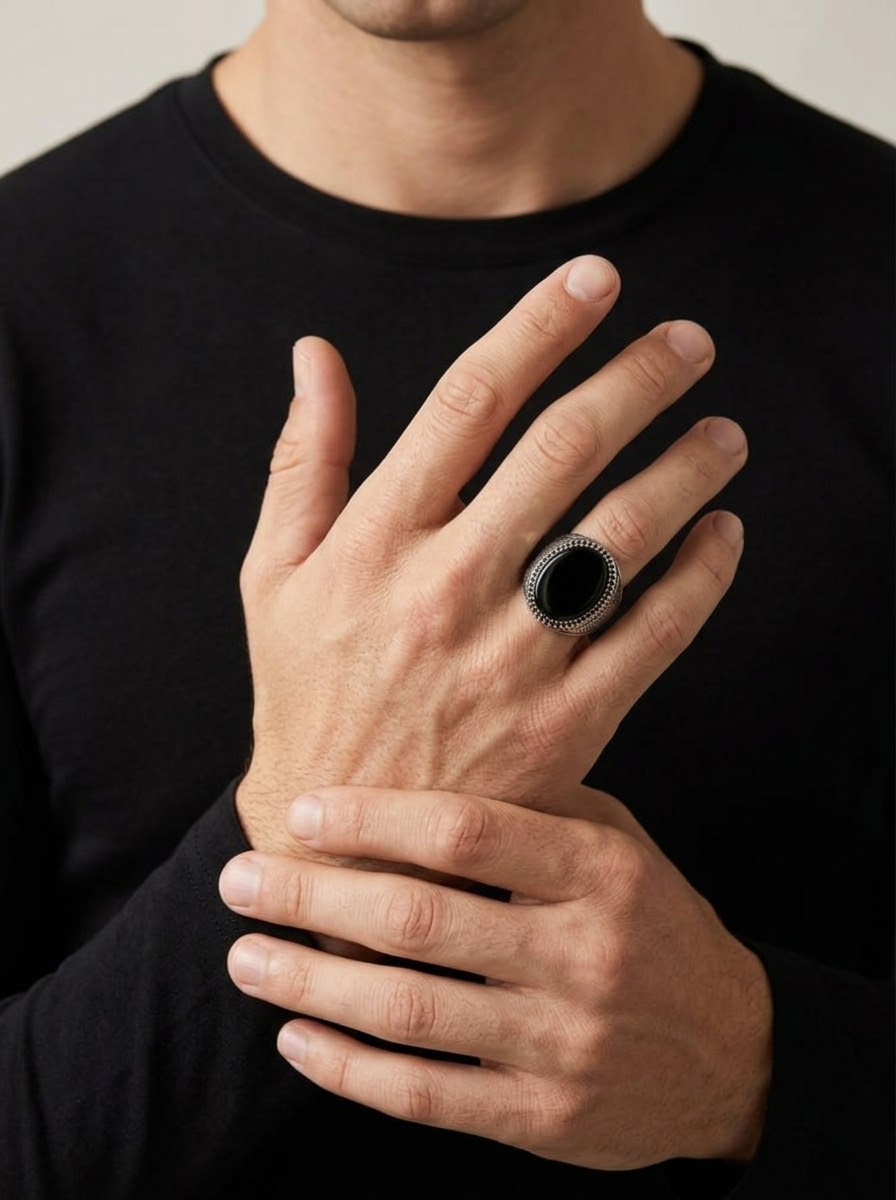 Midnight Sovereign Black Obsidian Men’s Ring – 925 Sterling Silver