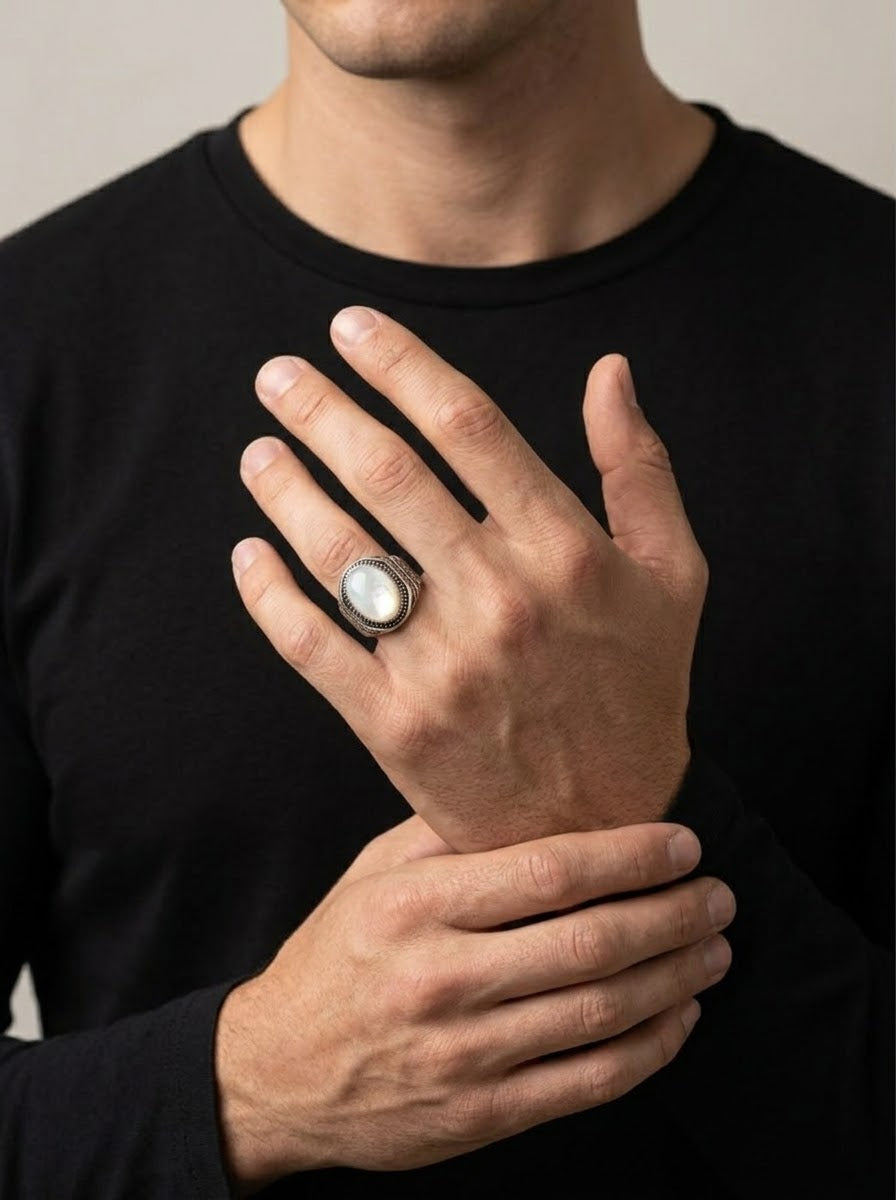 Celestial Pearl Moonstone Men’s Ring – 925 Sterling Silver