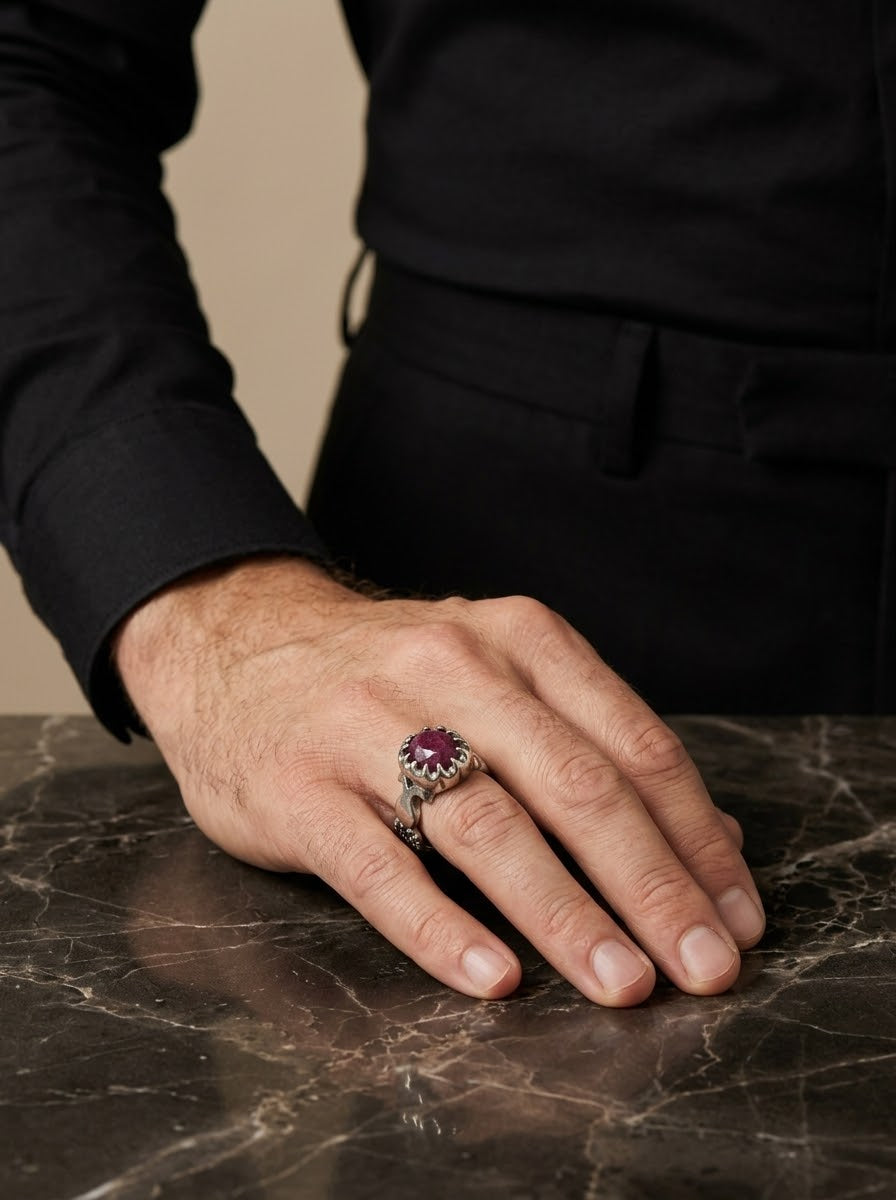 Garnet Royal Crest Men’s Ring – 925 Sterling Silver