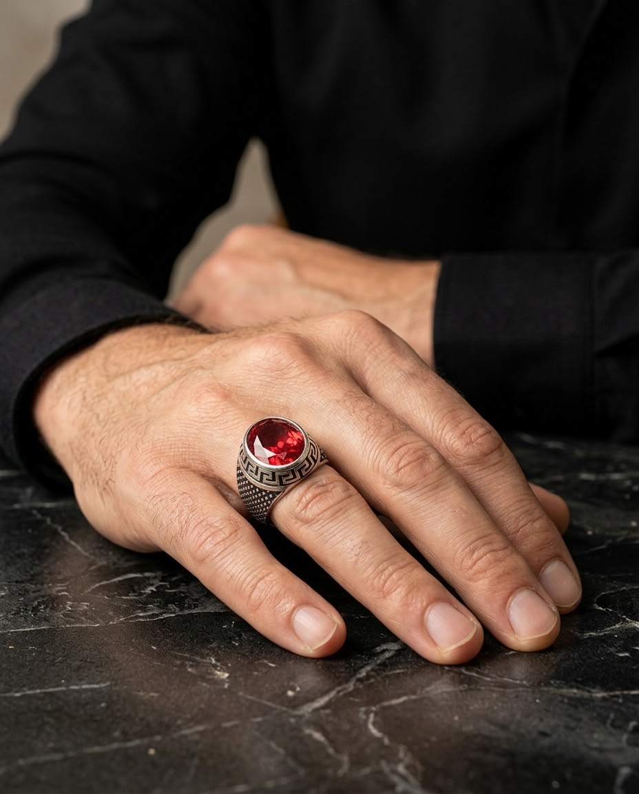 Crimson Heritage Red Garnet Men’s Ring – 925 Sterling Silver