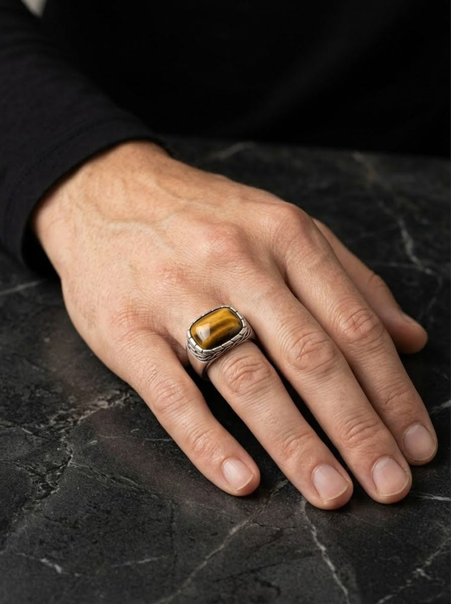 Golden Vision Tiger Eye Men’s Ring – 925 Sterling Silver