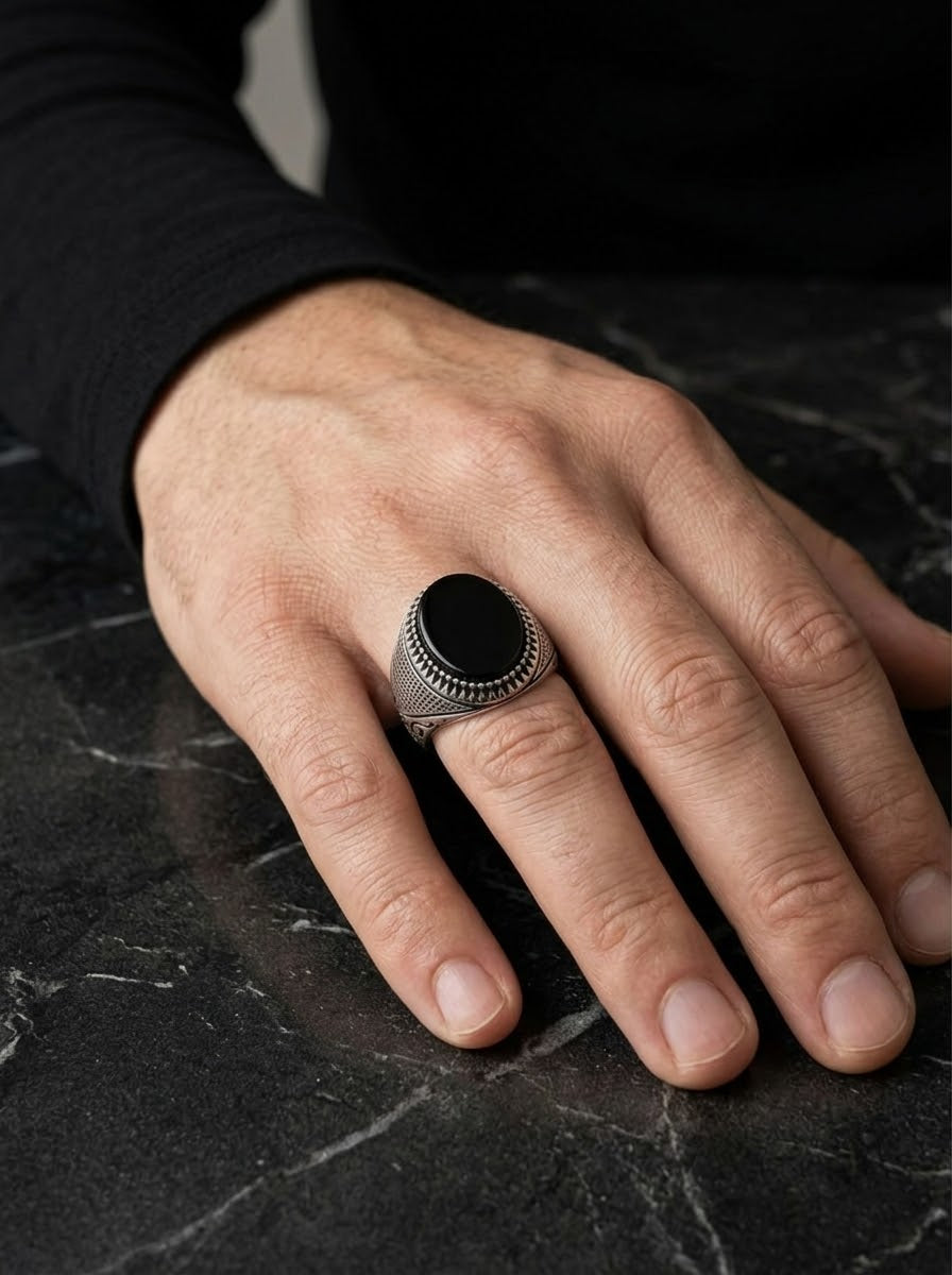 Midnight Sovereign Black Obsidian Men’s Ring – 925 Sterling Silver