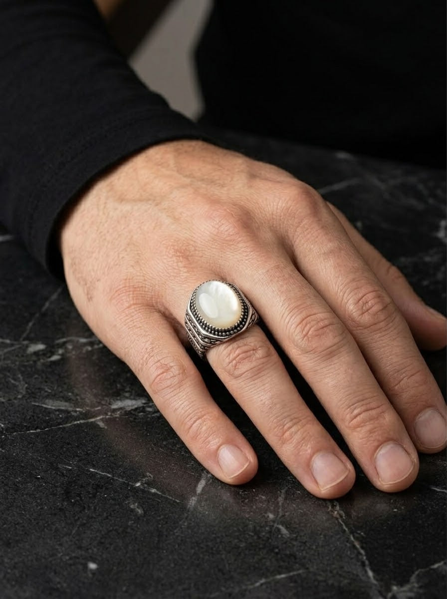 Celestial Pearl Moonstone Men’s Ring – 925 Sterling Silver