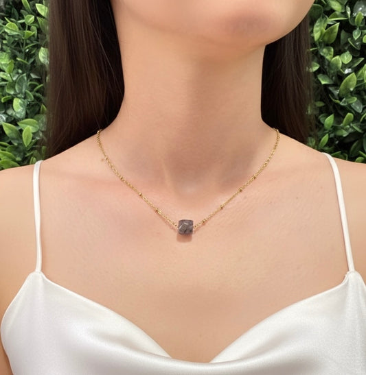 gold plated labradorite cube pendant necklace on model