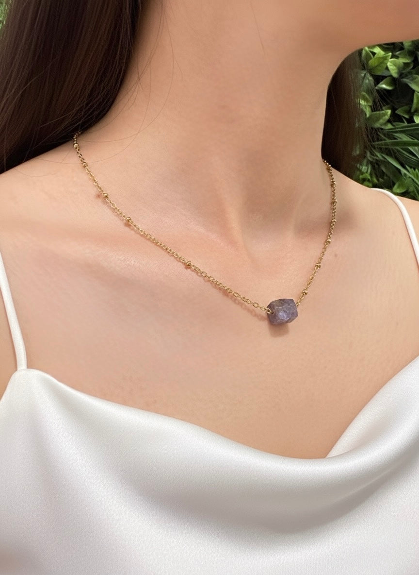 close up labradorite cube stone necklace with gold chain