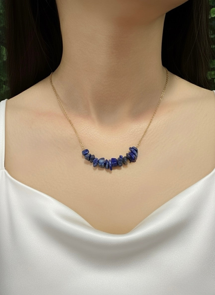 lapis lazuli crystal necklace displayed on neckline