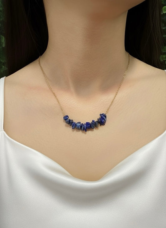 lapis lazuli crystal necklace displayed on neckline