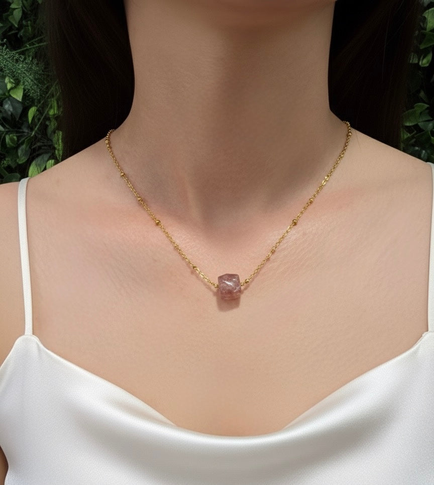 gold plated rhodonite cube pendant necklace on model