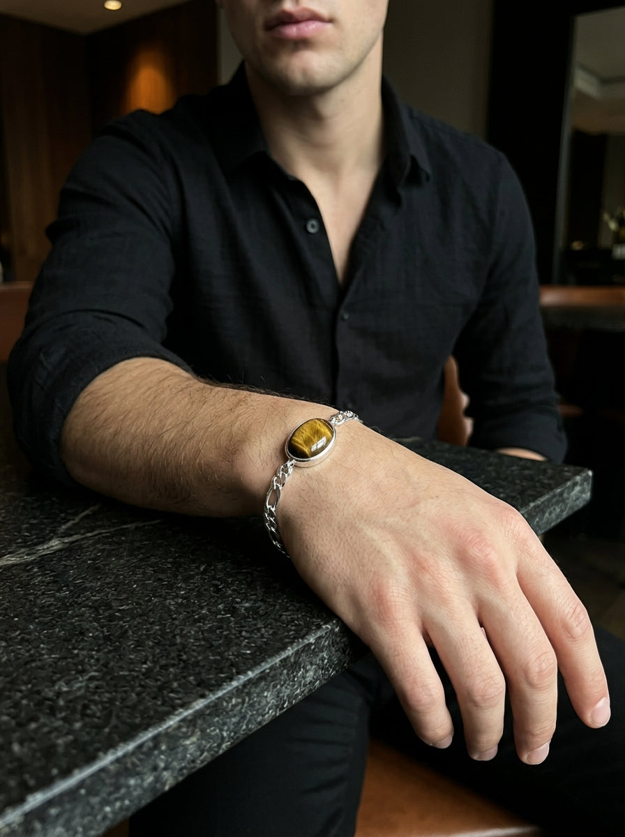 Golden Stride Tiger Eye Men's Sterling Silver Bracelet – 925 Silver Chain Design