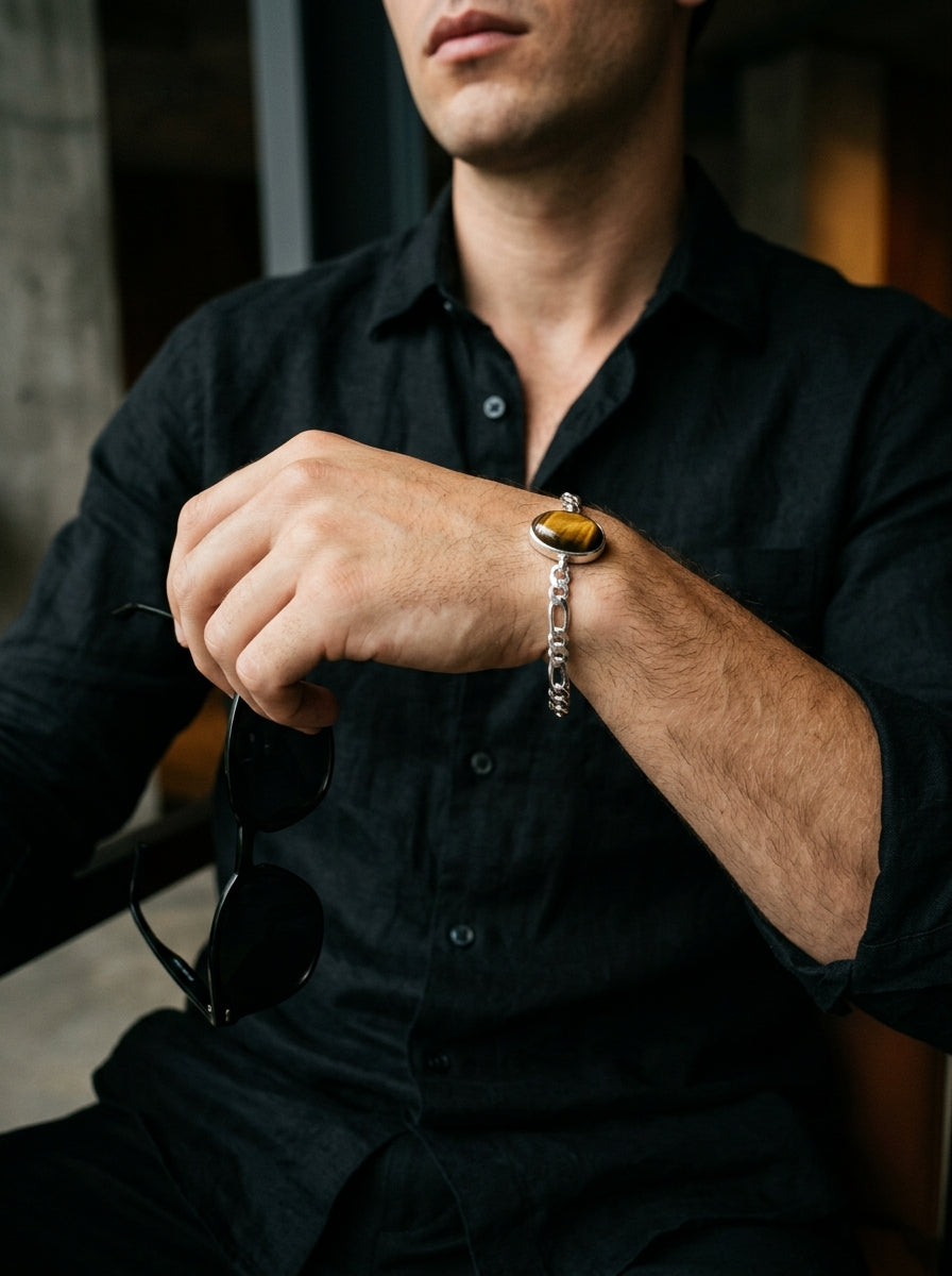Golden Stride Tiger Eye Men's Sterling Silver Bracelet – 925 Silver Chain Design