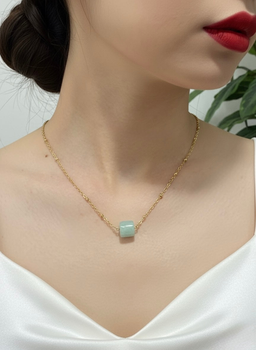 gold plated amazonite cube pendant necklace on model