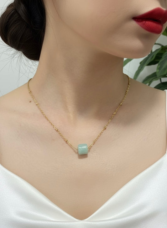 gold plated amazonite cube pendant necklace on model