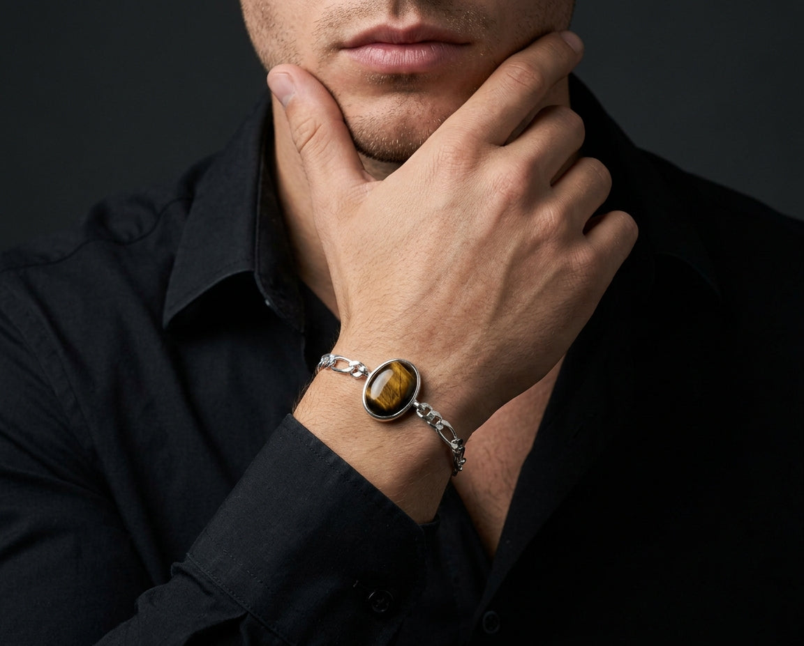 Golden Stride Tiger Eye Men's Sterling Silver Bracelet – 925 Silver Chain Design