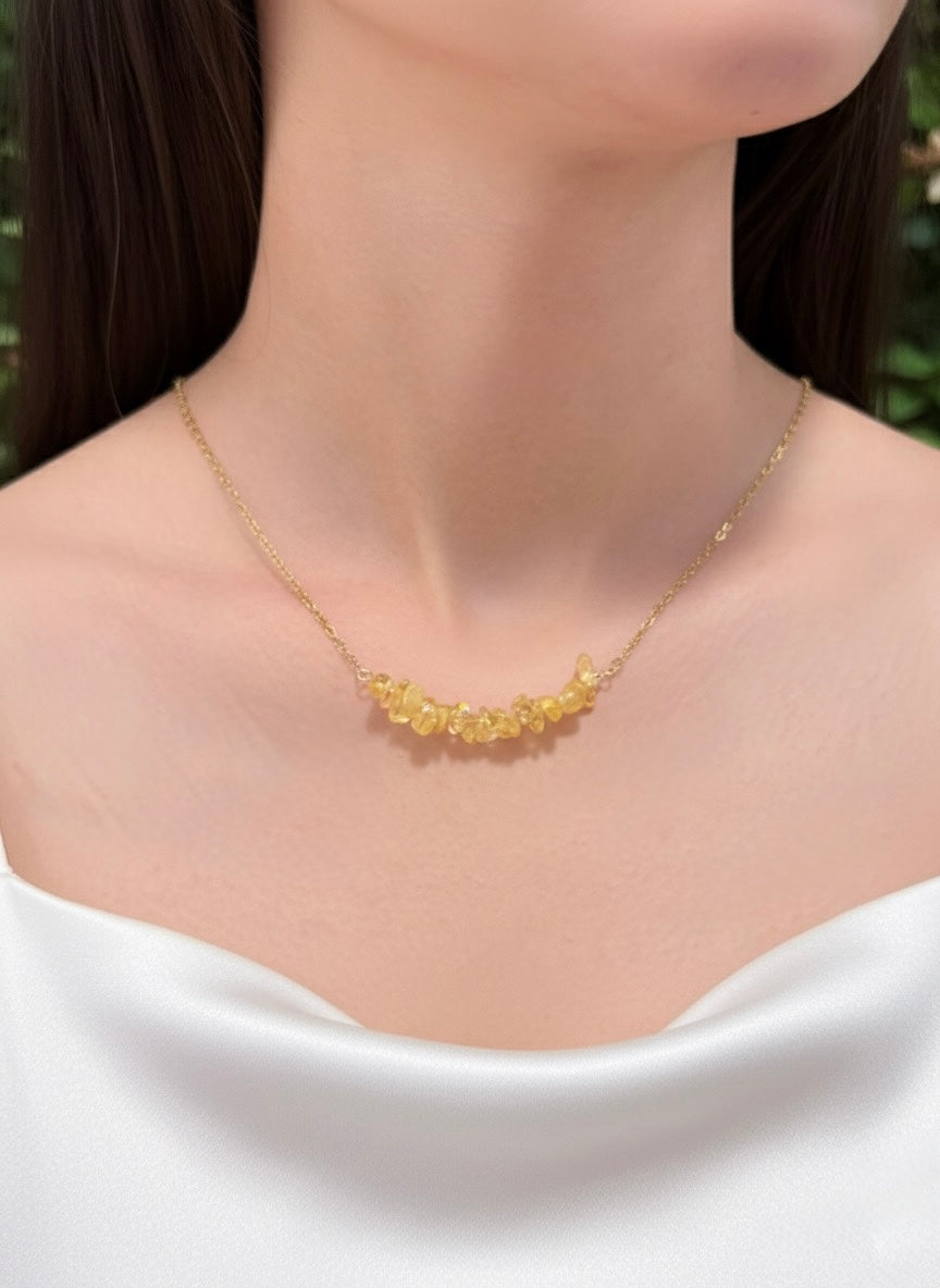gold plated citrine crystal chip necklace on model