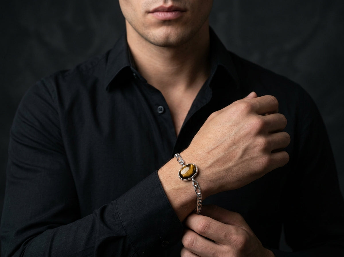 Golden Stride Tiger Eye Men's Sterling Silver Bracelet – 925 Silver Chain Design