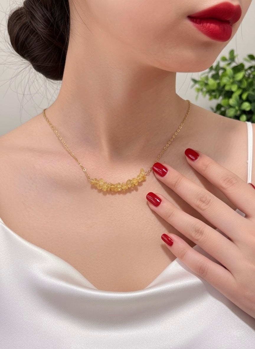 citrine crystal chip necklace on neckline
