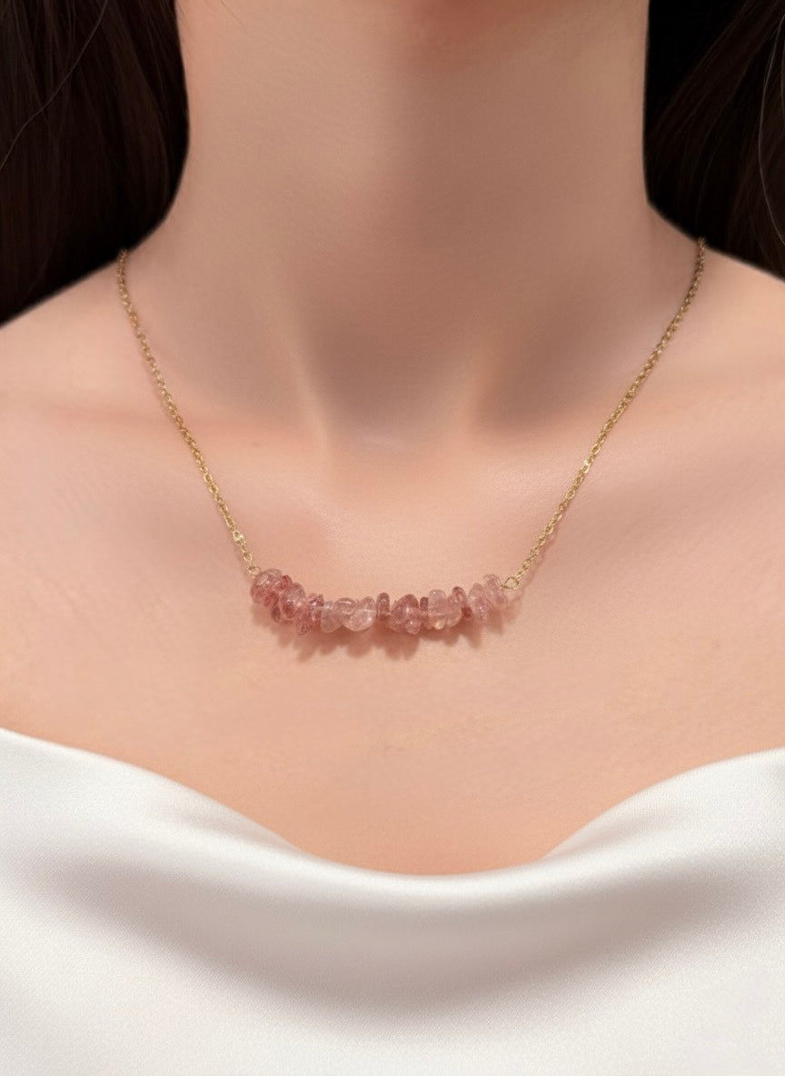 gold plated strawberry quartz crystal chip necklace on model